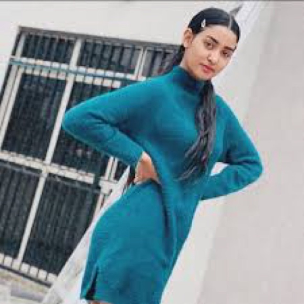 Teal Turtleneck Sweater Dress